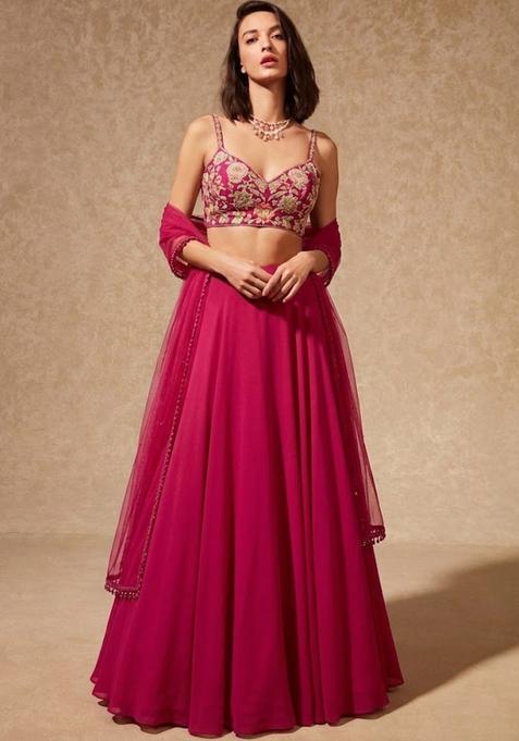 Rani Pink Embroidered Silk Lehenga Set