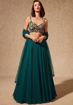 Dark Green Embroidered Silk Blend Lehenga Set
