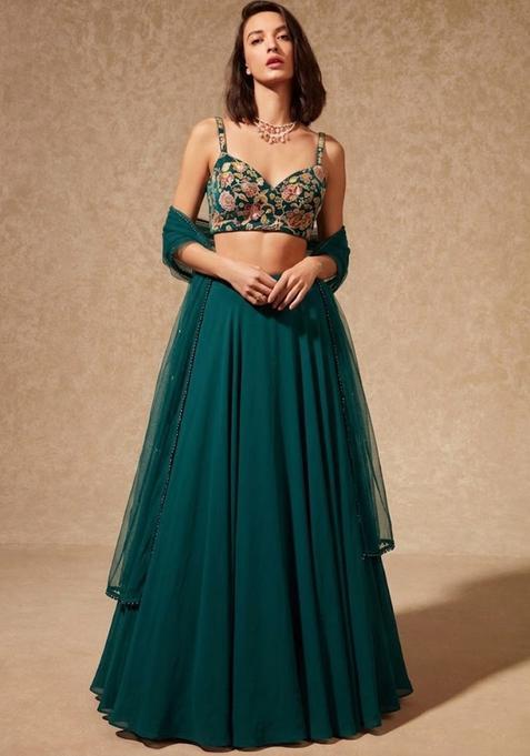 Dark Green Embroidered Silk Lehenga Set