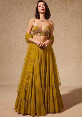 Mustard Yellow Embroidered Silk Lehenga Set
