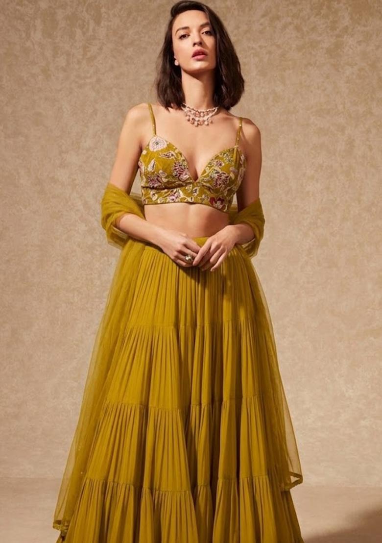 Mustard Yellow Embroidered Silk Blend Lehenga Set - Indya