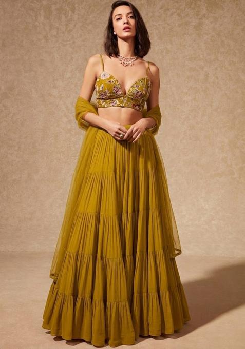 Mustard Yellow Embroidered Silk Lehenga Set