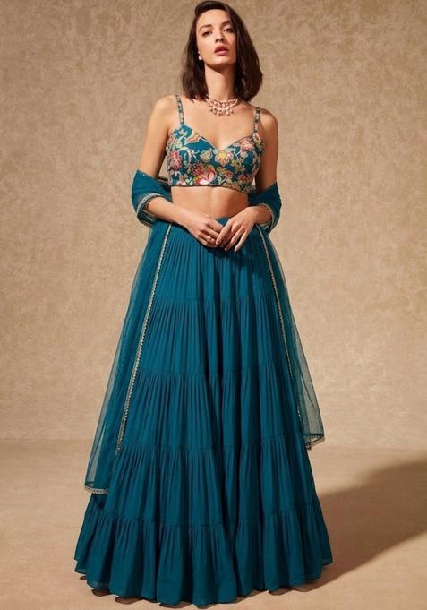 Blue Embroidered Silk Lehenga Set