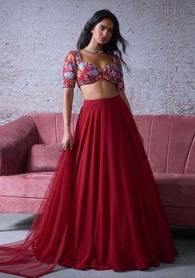 Red Printed Crepe Lehenga Set
