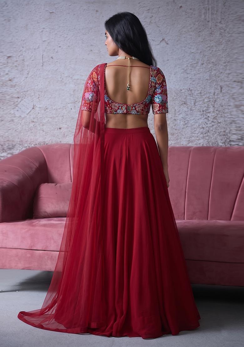 Red Printed Crepe Lehenga Set - Indya
