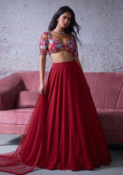 Red Printed Crepe Lehenga Set