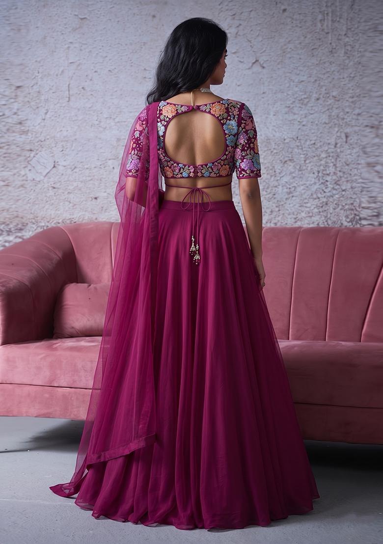 Dark Pink Printed Crepe Lehenga Set - Indya