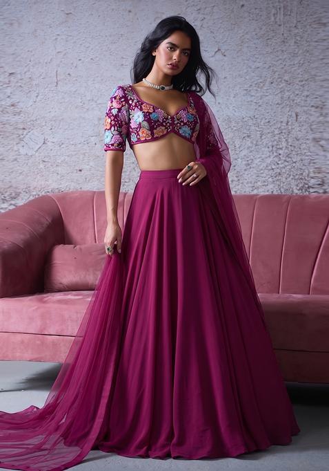 Dark Pink Printed Crepe Lehenga Set