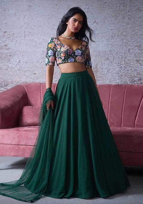 Dark Green Printed Crepe Lehenga Set