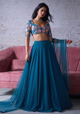 Blue Printed Crepe Lehenga Set