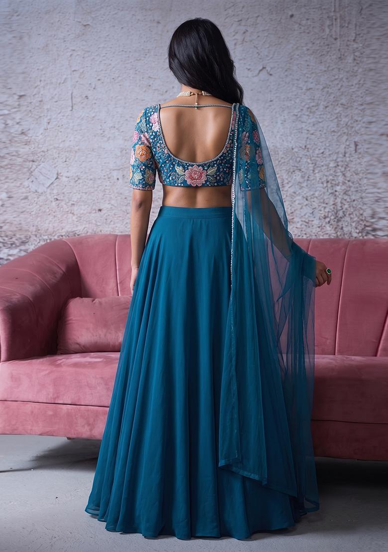 Blue Printed Crepe Lehenga Set - Indya