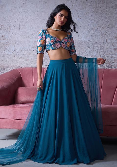 Blue Printed Crepe Lehenga Set