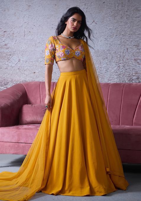 Yellow Printed Crepe Lehenga Set
