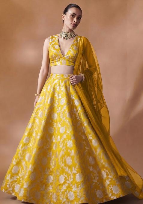 Yellow Jacquard Brocade Lehenga Set