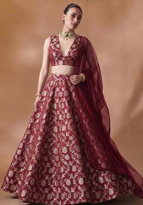 Dark Red Jacquard Brocade Lehenga Set