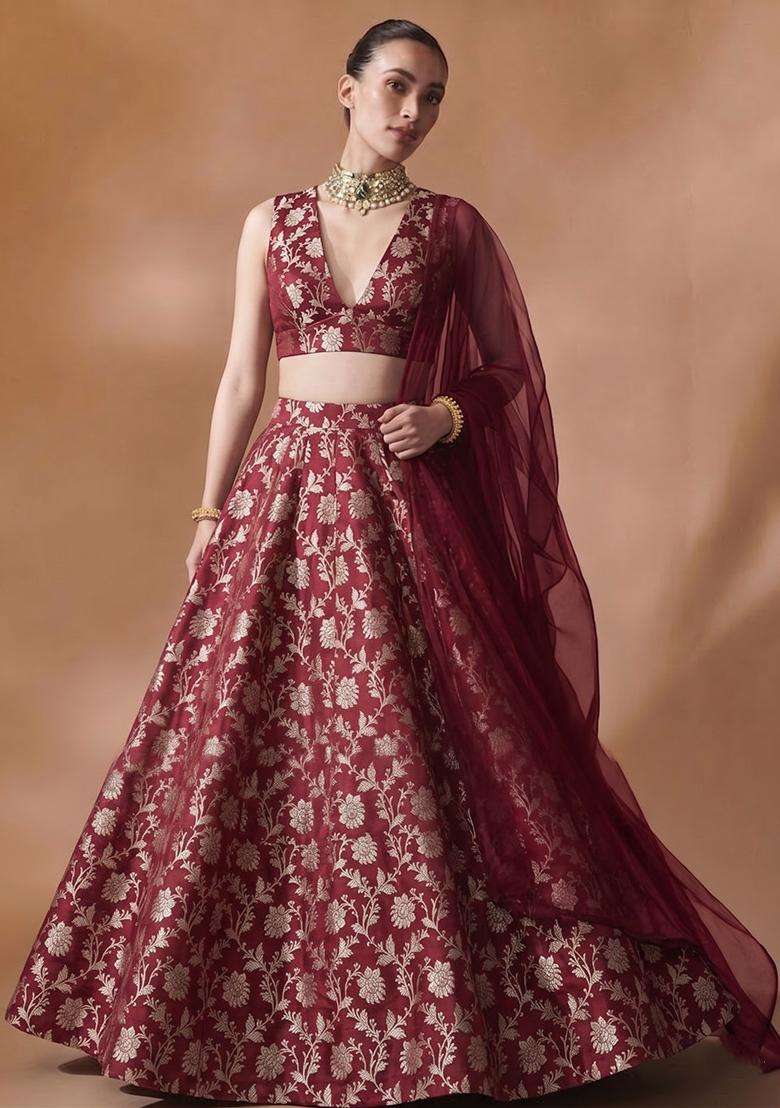 Dark Red Jacquard Brocade Lehenga Set for Diwali | Wedding & Festive Wear - Indya