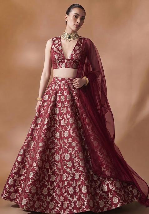 Dark Red Jacquard Brocade Lehenga Set