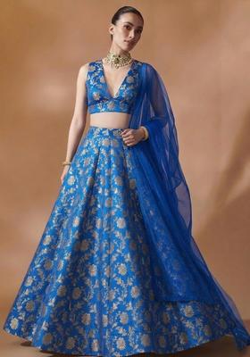 Blue Jacquard Brocade Lehenga Set