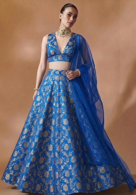 Blue Jacquard Brocade Lehenga Set