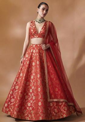 Orange Jacquard Brocade Lehenga Set