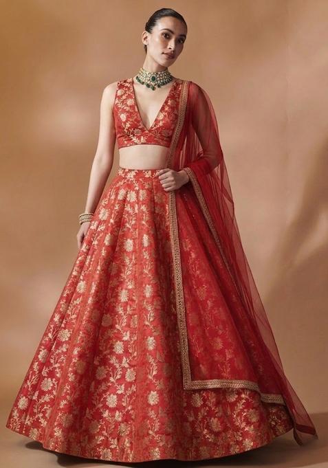 Orange Jacquard Brocade Lehenga Set