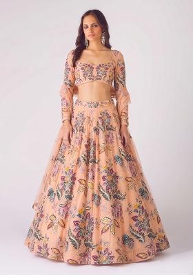 Light Peach Printed Organza Lehenga Set