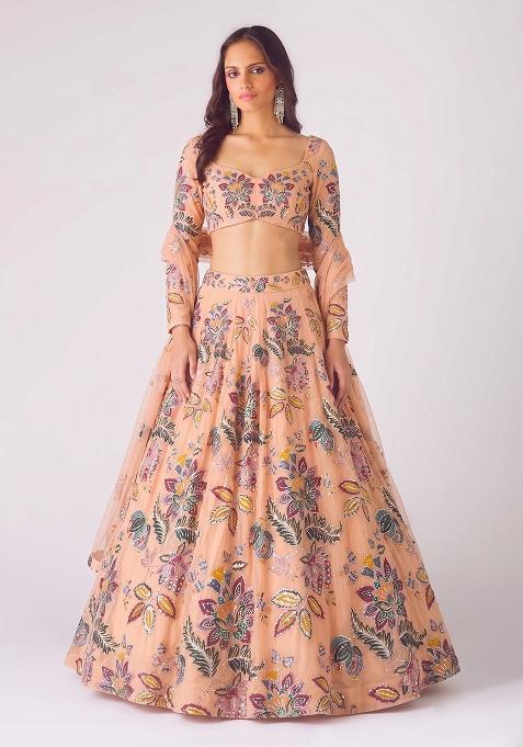 Light Peach Printed Organza Lehenga Set