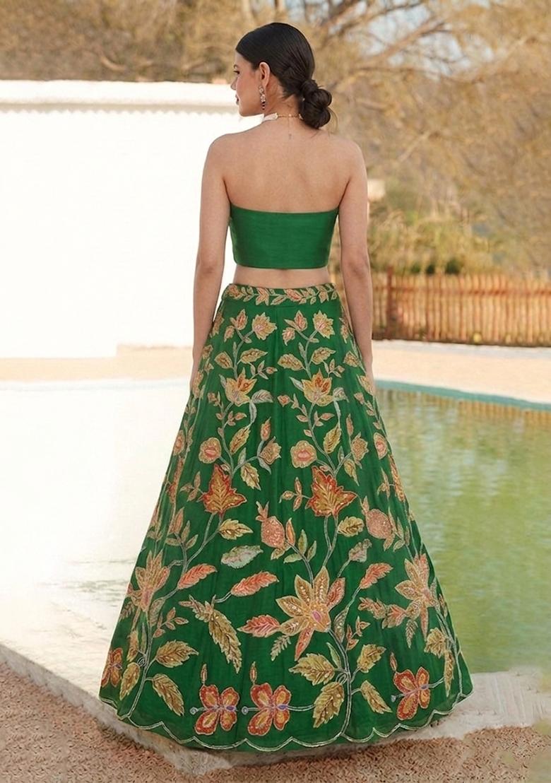 Green Embroidered Organza Lehenga Set - Indya