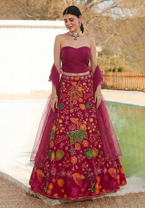 Red Embroidered Organza Lehenga Set