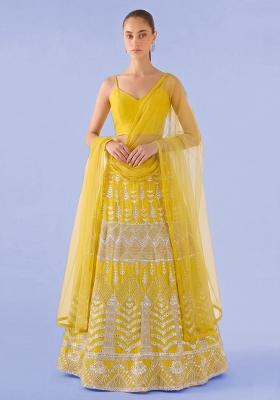 Yellow Mirror Work Georgette Lehenga Set