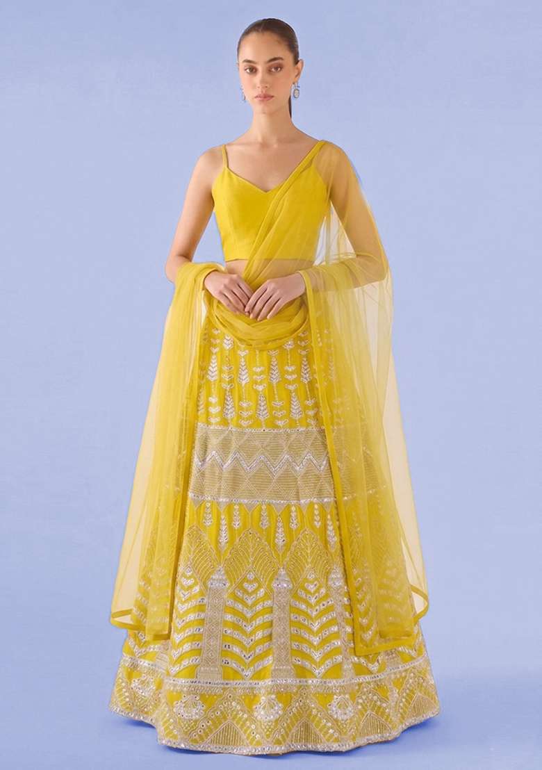 Yellow Mirror Work Georgette Lehenga Set - Indya