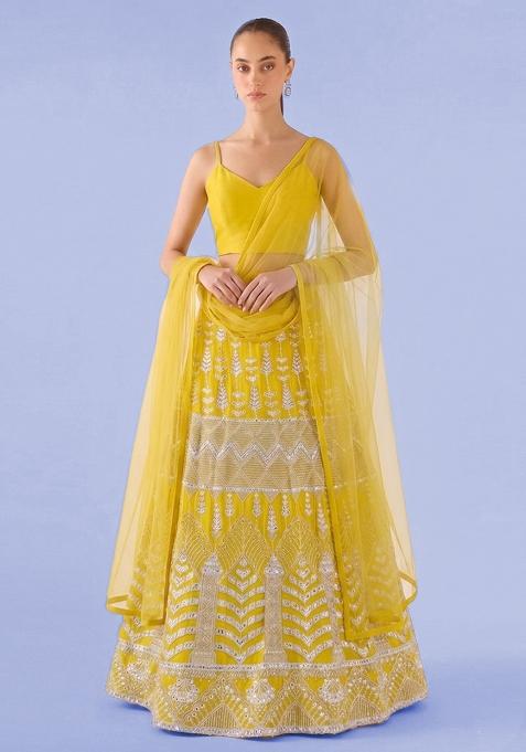 Yellow Mirror Work Georgette Lehenga Set
