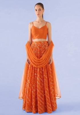 Orange Embroidered Georgette Lehenga Set
