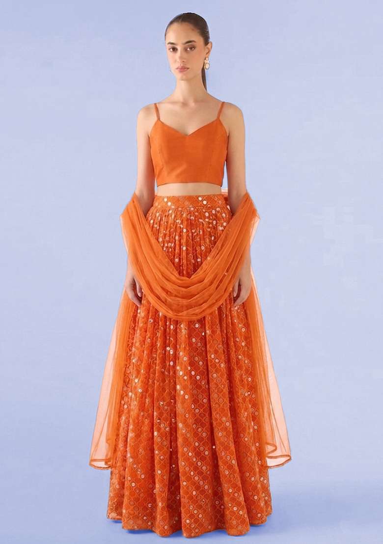 Orange Embroidered Georgette Lehenga Set - Indya