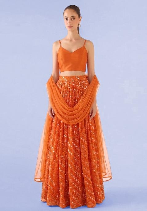 Orange Embroidered Georgette Lehenga Set