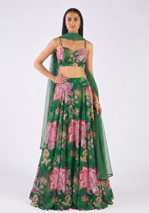 Dark Green Sequin Tissue Lehenga Set