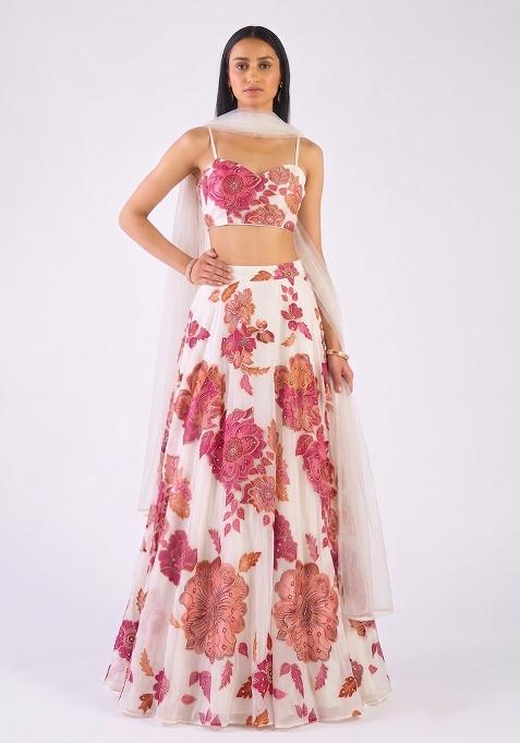Off White Printed Organza Lehenga Set