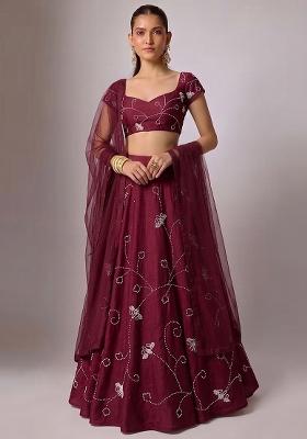 Maroon Embroidered Chanderi Lehenga Set