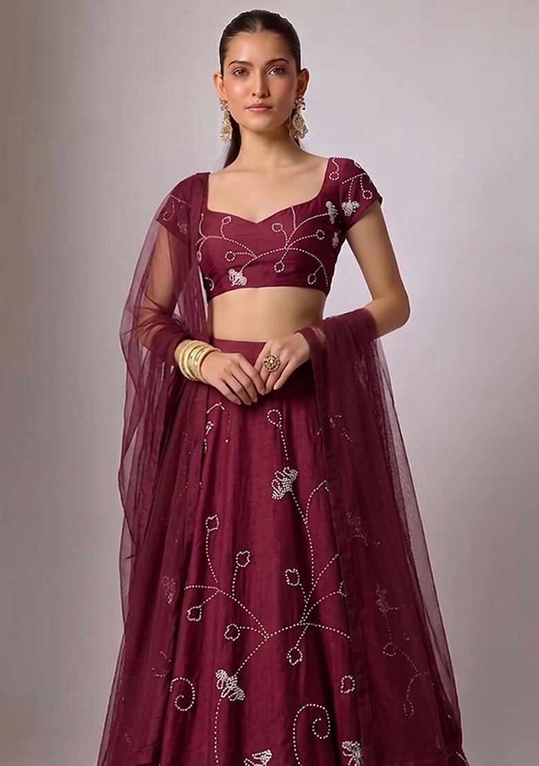 Maroon Embroidered Chanderi Lehenga Set - Indya