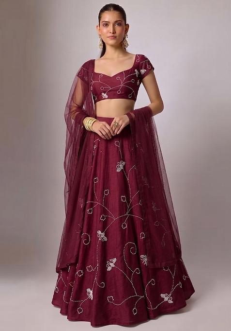 Maroon Embroidered Chanderi Lehenga Set