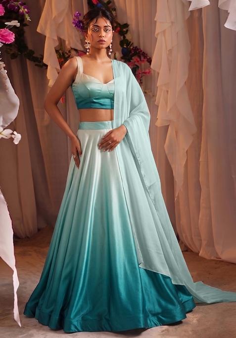 Blue Solid Satin Lehenga Set