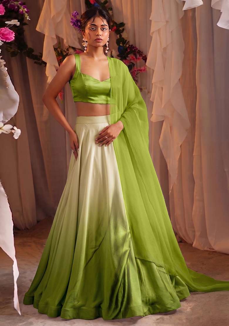 Green Solid Satin Lehenga Set for Diwali | Wedding & Festive Wear - Indya