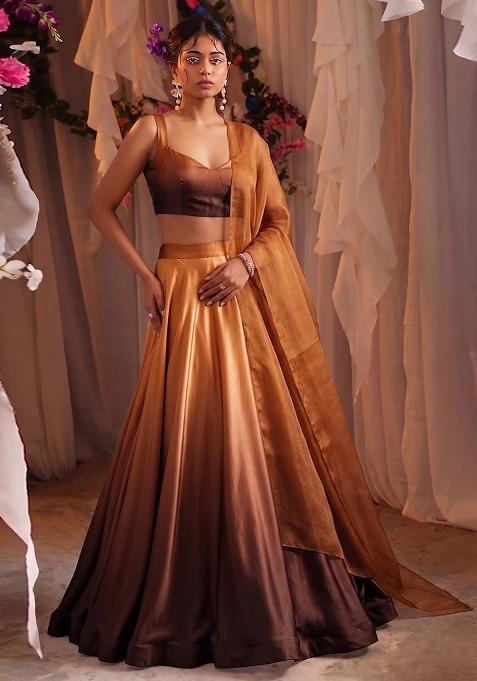 Brown Solid Satin Lehenga Set