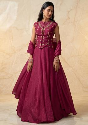 Magenta Embroidered Handwork Lehenga Set