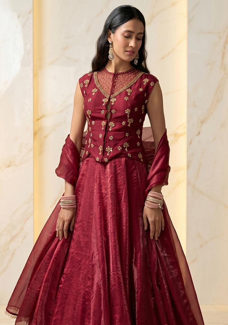 Red Embroidered Handwork Lehenga Set - Indya