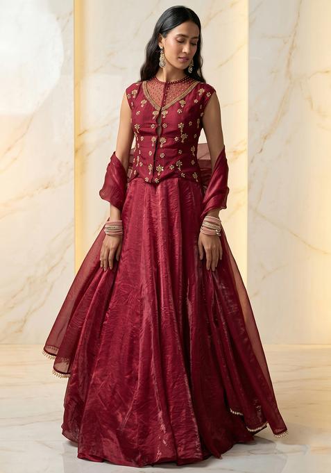 Red Embroidered Handwork Lehenga Set