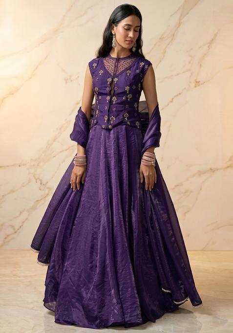 Dark Purple Embroidered Handwork Lehenga Set