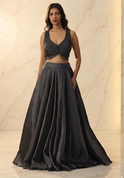 Grey Embroidered Handwork Lehenga Set