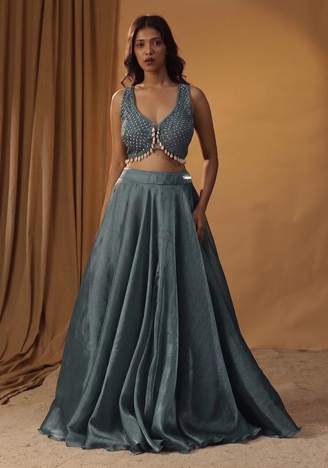 Blue Embroidered Handwork Lehenga Set