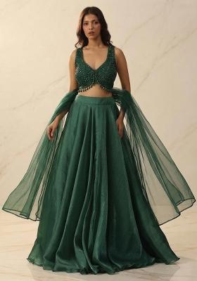 Dark Green Embroidered Handwork Lehenga Set